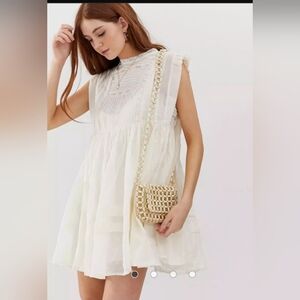 FREE PEOPLE Ivory Nobody Like You Embroidered Ruffle Mini Dress SZ Small